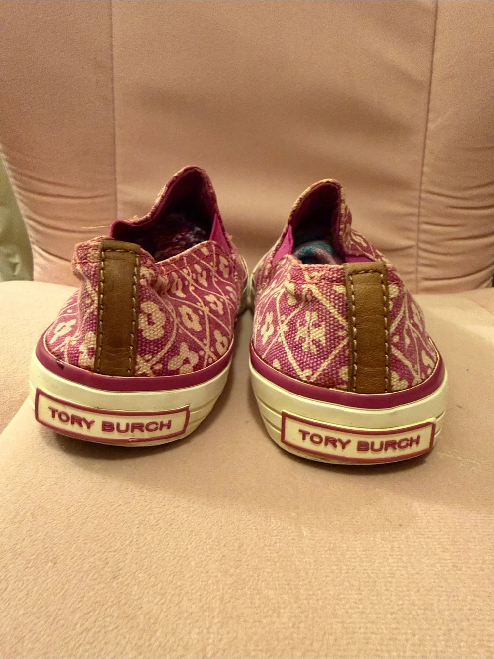 Tory Burch Pink and Tan Patterned Canvas Slip-Ons